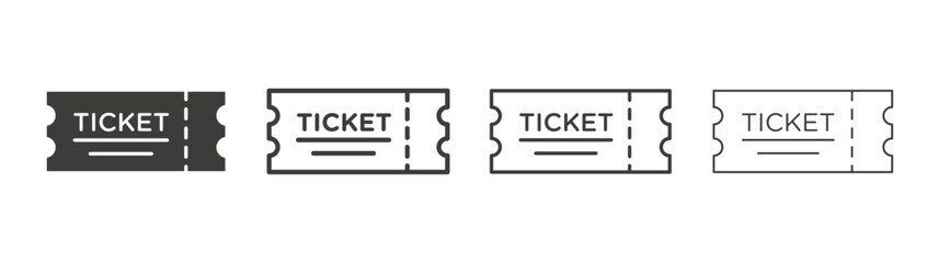 Ticket icons set. Liner outlined and flat black color