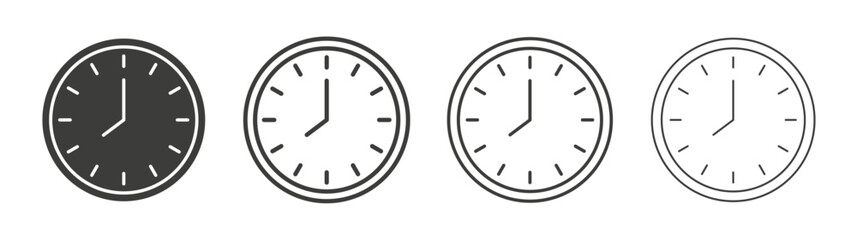 Time clock icons set. Liner outlined and flat black color