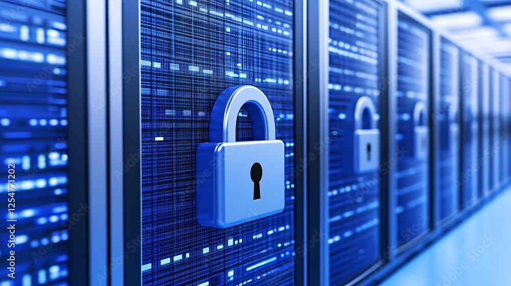 Poster secure data storage concept with digital lock on server racks representing cybersecurity and privacy