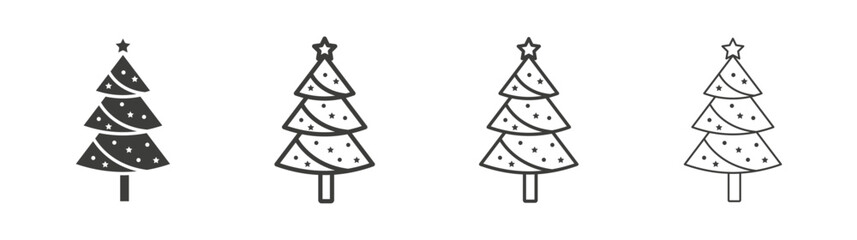 Tree christmas icons set. Liner outlined and flat black color