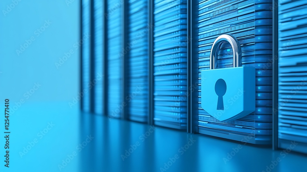 Poster secure data storage concept with lock symbol on digital background in blue tones for cybersecurity t