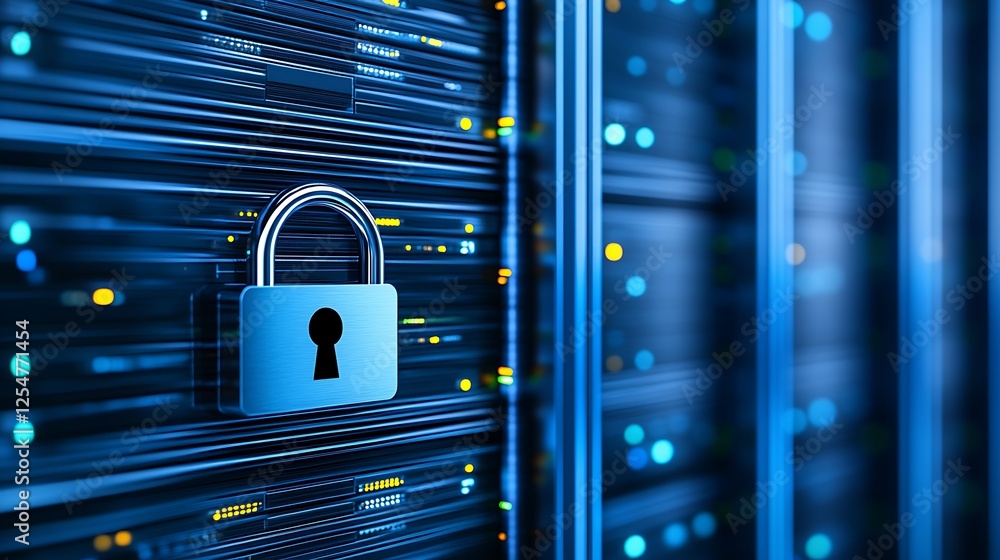 Poster secure data storage concept with lock symbol on server room background in blue light scenario