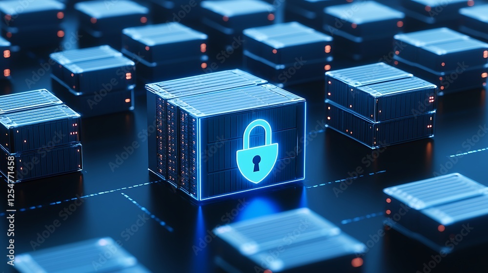 Poster secure data storage concept with lock symbol representing digital safety and protection in cloud tec