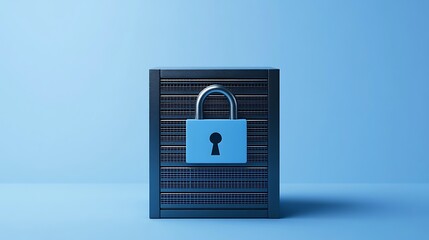Secure Data Storage Concept with Metal Safe and Lock Against Minimalist Blue Background