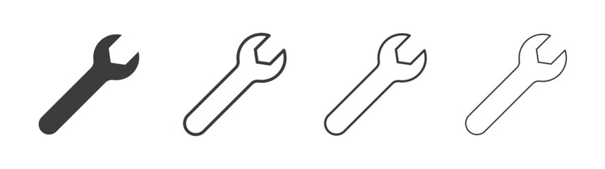 Wrench icons set. Liner outlined and flat black color