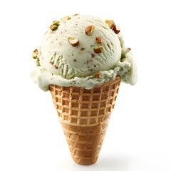 Scoop of pistachio ice cream in a crispy waffle cone against white backdrop