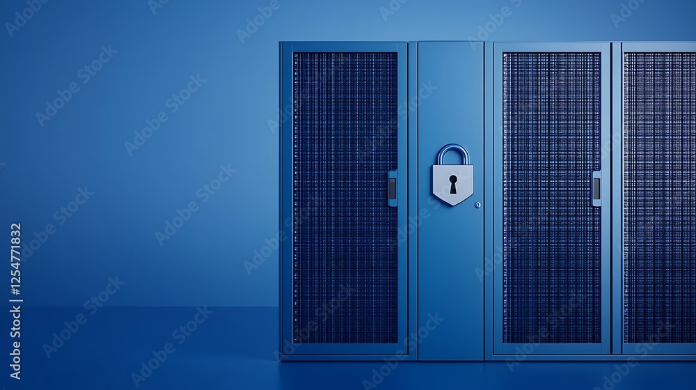 Poster secure data storage solution with lock and blue background for technology and cybersecurity imagery