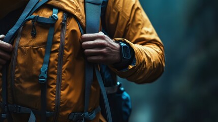 Fototapeta premium Close-up of a hiker in a vibrant yellow jacket adjusting their backpack in a misty forest