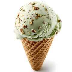 Delicate pistachio ice cream in a crispy waffle cone against white backdrop