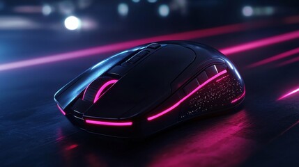 A sleek, futuristic gaming mouse illuminated with vibrant pink lights, set against a dark background with abstract light trails.