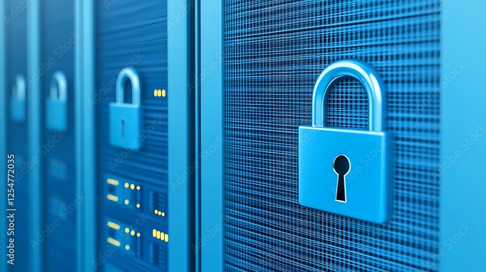 Poster secure data storage with digital lock and server racks in blue tones for cybersecurity concepts