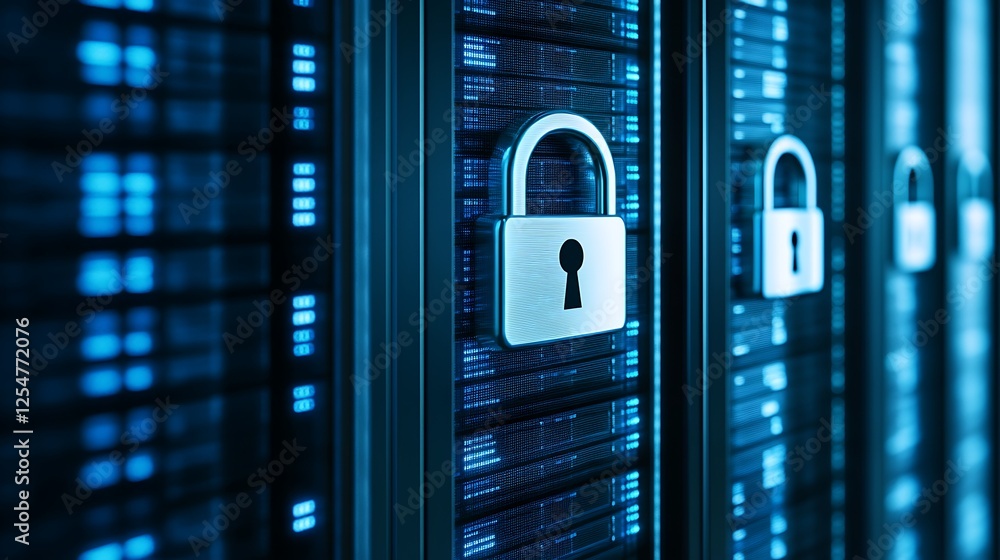 Poster secure data storage with digital lock in modern server room with blue light effects