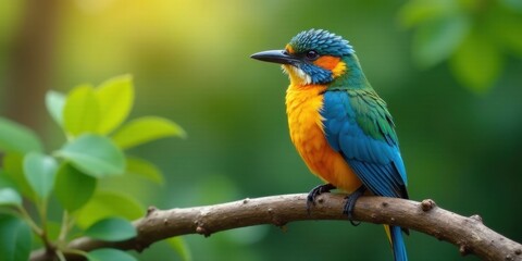 Fototapeta premium Vibrant Tropical Bird Perched on a Branch in Lush Greenery, Displaying Striking Blue, Green, and Orange Plumage