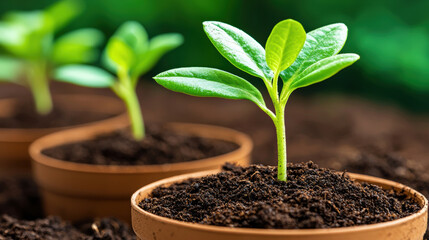 close up shot of seedlings sprouting in small pots, showcasing vibrant green leaves and rich soil, symbolizing growth and renewal
