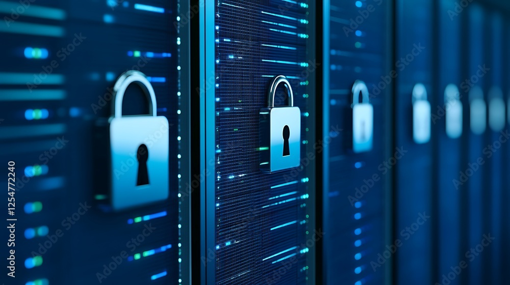 Poster secure data storage with lock icons representing cybersecurity and information protection in digital