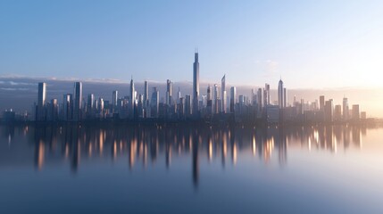 Naklejka premium A panoramic view of a modern city skyline reflecting in water during dawn, showcasing skyscrapers under a soft blue sky.