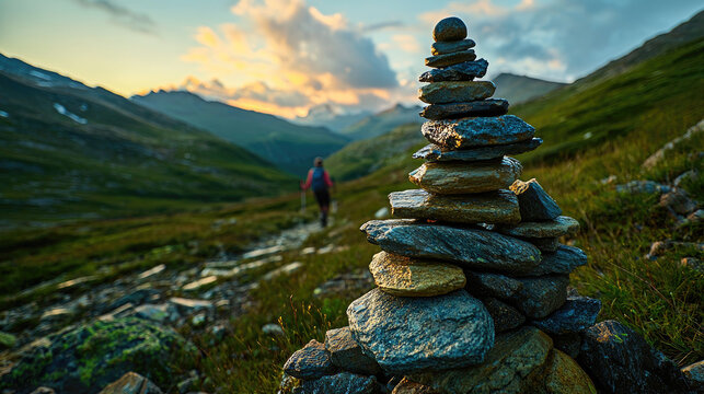 Serene mountain trail with a hiker and a stone cairn at sunset in a lush landscape
