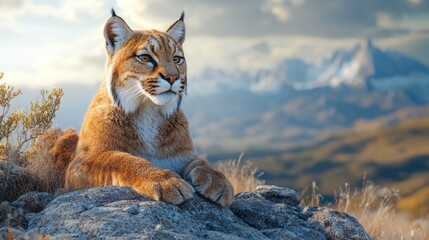Obraz premium Majestic lynx resting on a rock with a breathtaking mountainous landscape in the background