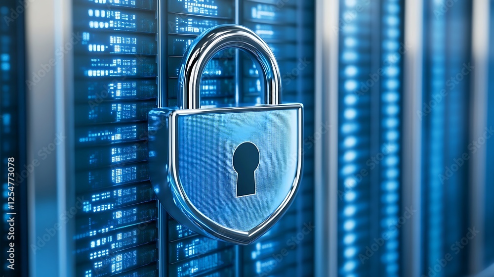 Aufkleber secure digital lock on server with blue led lights representing cybersecurity and data protection co