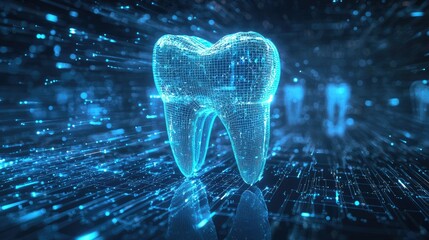 Futuristic Digital Tooth in Blue Neon Cybernetic Environment