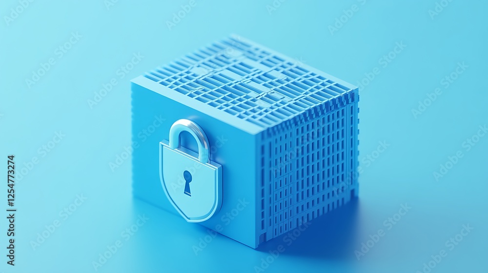 Poster secure digital storage concept with blue cube and lock representation on a bright background