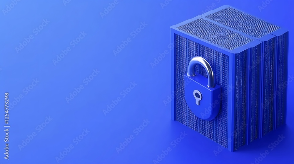 Poster secure digital storage block with lock symbol on blue gradient background for technology and securit