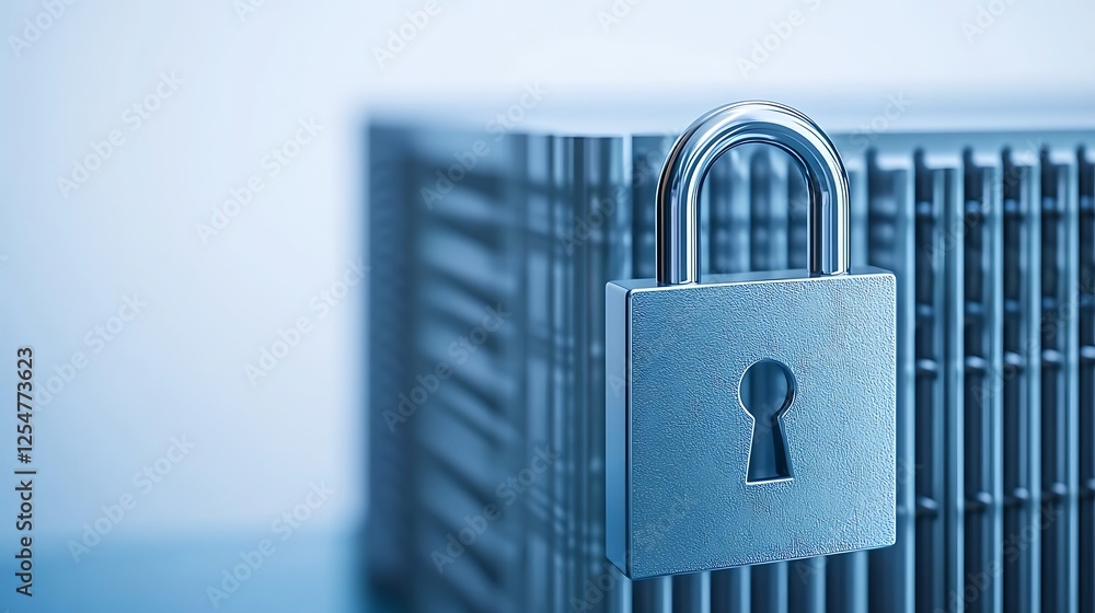Poster secure lock on a modern data storage unit with soft blue background and focused lighting effects