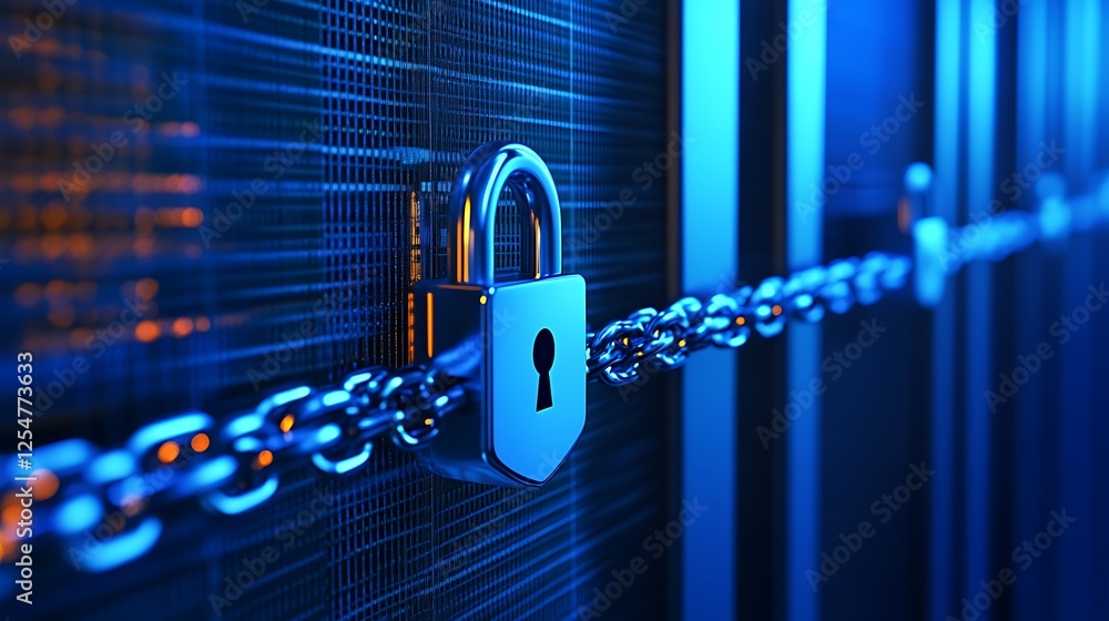 Poster secure lock on chain guarding data storage in blue digital environment