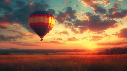 Obraz premium Hot air balloon soaring above a vast field at sunset, vibrant colors illuminate the sky.