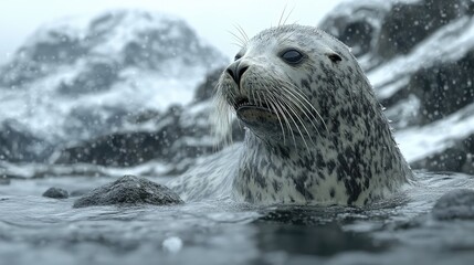 A spotted seal emerges from icy waters, surrounded by snow-covered rocks and falling snowflakes