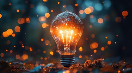 Illuminated light bulb with glowing sparks, vibrant bokeh background.