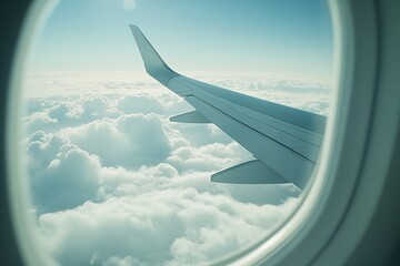 Fototapeta premium Traveler enjoys a serene view from the airplane window above the clouds