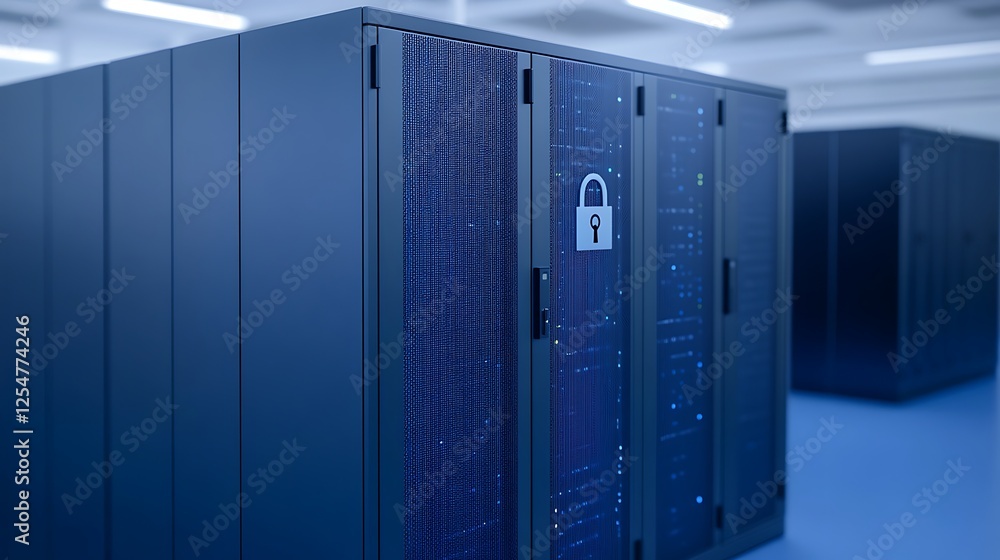 Poster secure server rack with lock symbol in modern data center environment for data protection and privac