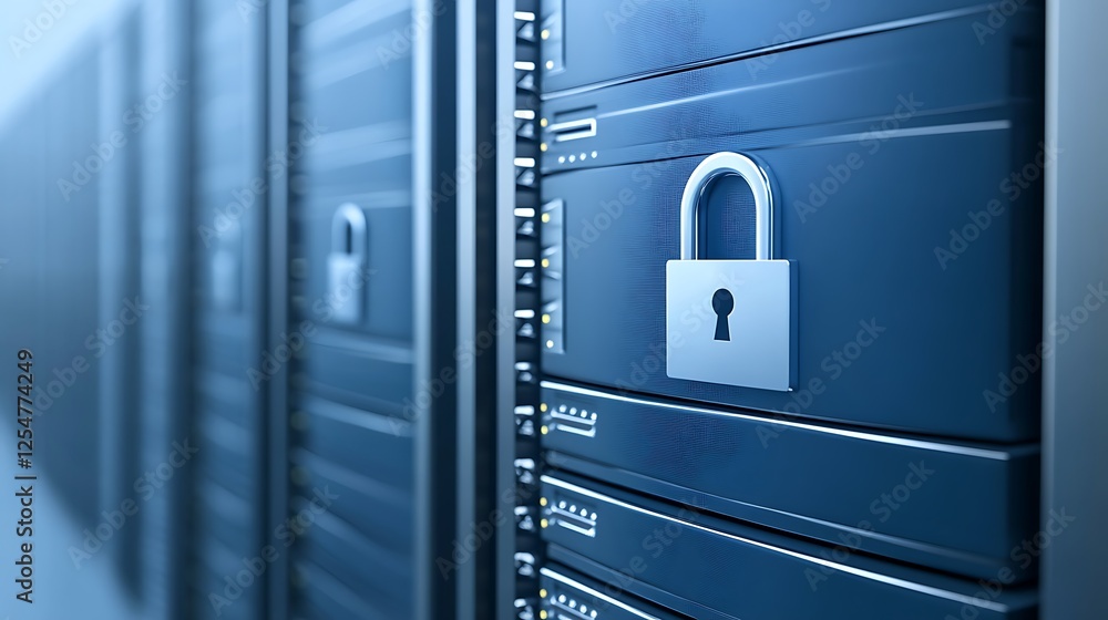 Poster secure server room with digital locks indicating data protection and cybersecurity measures for tech