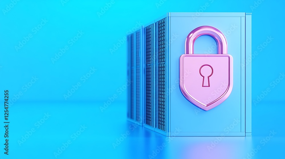Poster secure server architecture with lock symbol for cybersecurity and data protection conceptual illustr