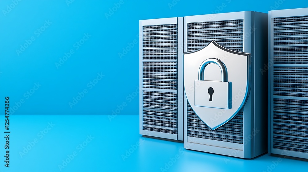 Poster secure server with shield symbolizing data protection in a modern digital environment