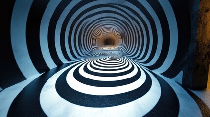 Surreal tunnel with black and white spiral patterns creating an optical illusion effect