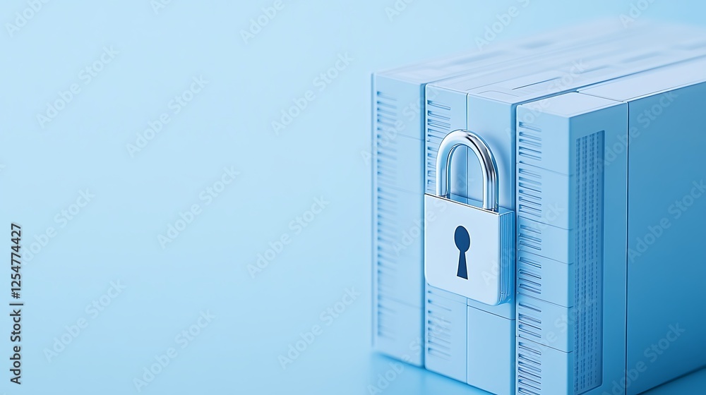 Poster secure storage concept with a lock on closed boxes against a soft blue background