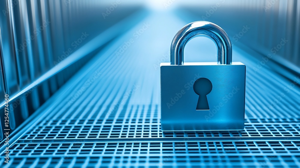 Poster secure silver padlock on metallic grid with soft blue light background creating a sense of safety an
