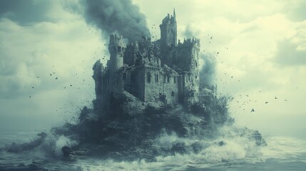 Fototapeta premium Mystical castle amidst tumultuous waves and stormy sky.