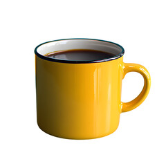 Yellow mug filled with coffee, isolated on transparent background. A vibrant yellow ceramic mug holds dark coffee, offering a refreshing beverage.