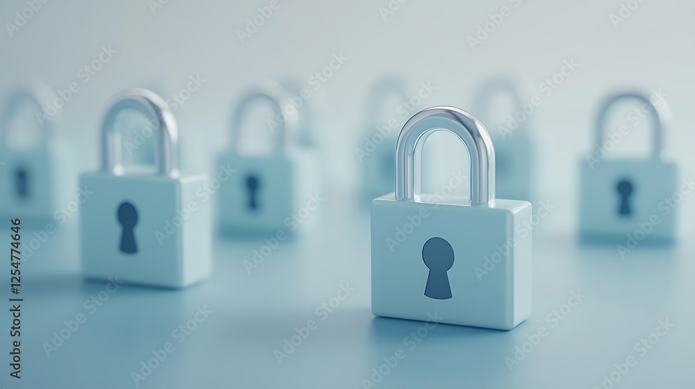 Poster security concept of multiple locks for privacy protection in digital world with soft blue background
