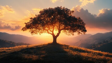 Majestic tree silhouetted against a vibrant sunset over rolling hills, showcasing nature's beauty