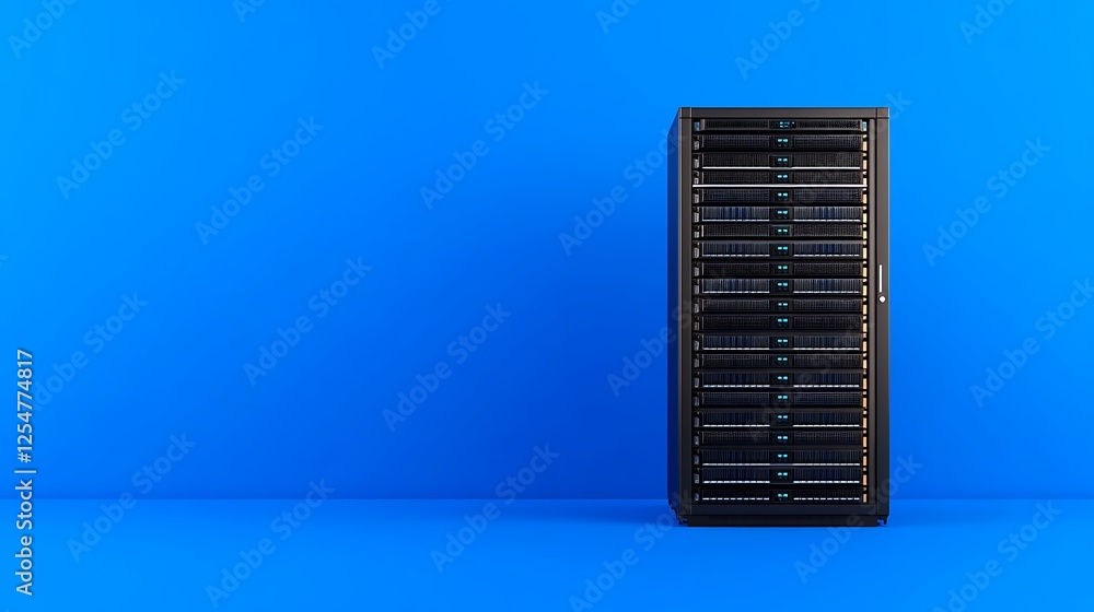 Poster server rack with multiple storage units against a vibrant blue background for technology and data st