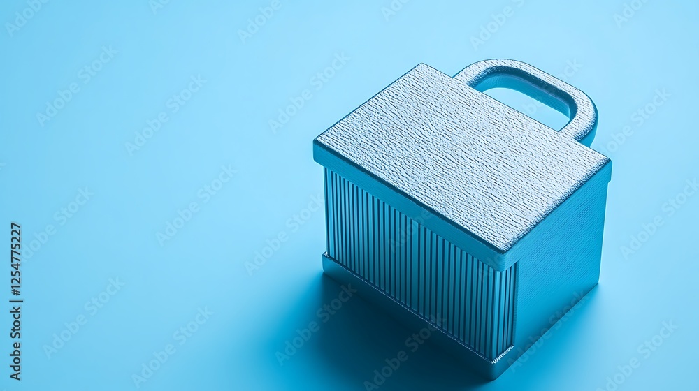 Poster stylish metallic lock box with textured surface on a soft blue background, perfect for security and 
