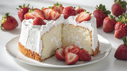 A slice of fluffy angel food cake with fresh strawberries, displayed on a white background. 