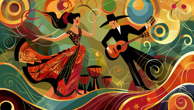 Two Hispanic dancers and musicians in Mexican costumes, sombrero hat and mariachi attire gracefully moving and dancing to the Latino music. Two Latin-american performer making sound wit instruments.