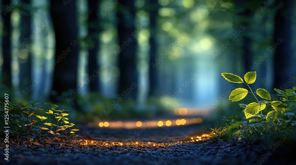 Poster glow forest idea. a serene forest path illuminated by soft light, showcasing vibrant greenery and pe