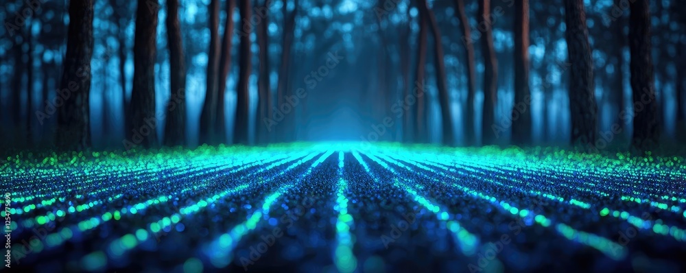 Poster glow forest concept. a mesmerizing pathway illuminated by glowing lights in a serene forest setting.