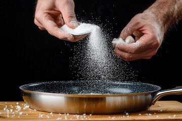 Garlic powder spices up flavorful sauces. Hands sprinkling sugar into a pan against a dark background.
